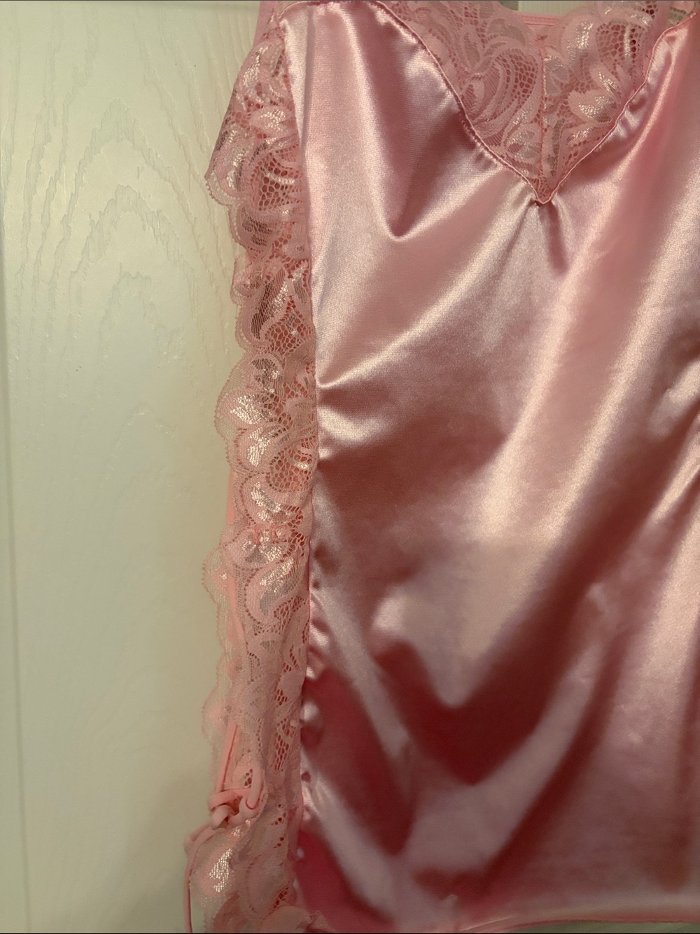 Pink Satin Lace-Trim Chemise Slip With Sides That Tie Adjustable Straps S/M Y2K - Picture 3 of 7
